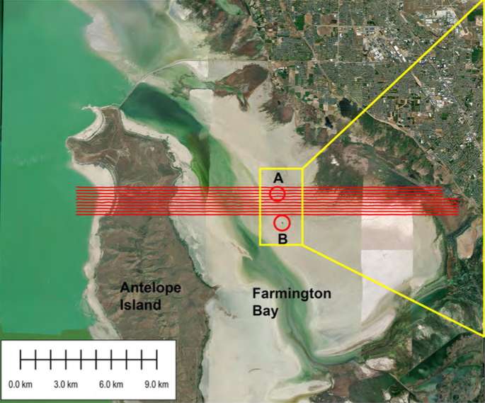 Map of the airborne electromagnetic survey area overlaid on the ESRI World Imagery basemap. Flight-line locations are shown in red across Farmington Bay.