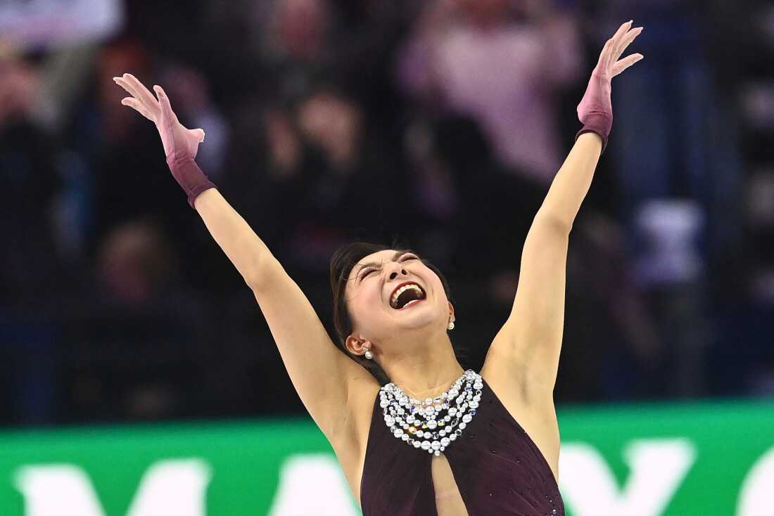 Japan's Kaori Sakamoto reacts after her farewell free skate on Friday.  