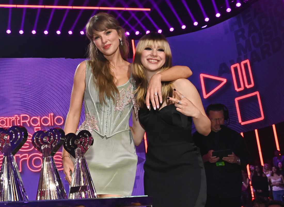 Alysa Liu, pictured presenting Taylor Swift with an award at the iHeartRadio Music Awards in Los Angeles on Thursday.