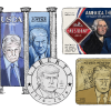 An illustration of four items with Trump's name and face on them: banners hanging on buildings, a national park pass, a $1 coin and a visa card.