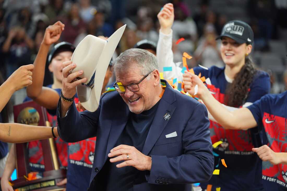 UConn head coach Geno Auriemma reacts after his team defeated Notre Dame in the Elite Eight of the NCAA college basketball tournament, Sunday, March 29, 2026, in Fort Worth, Texas.