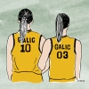 This illustration shows twin sisters Marija and Marta Galic in their basketball uniforms, with their backs to the viewer. They are linking arms.