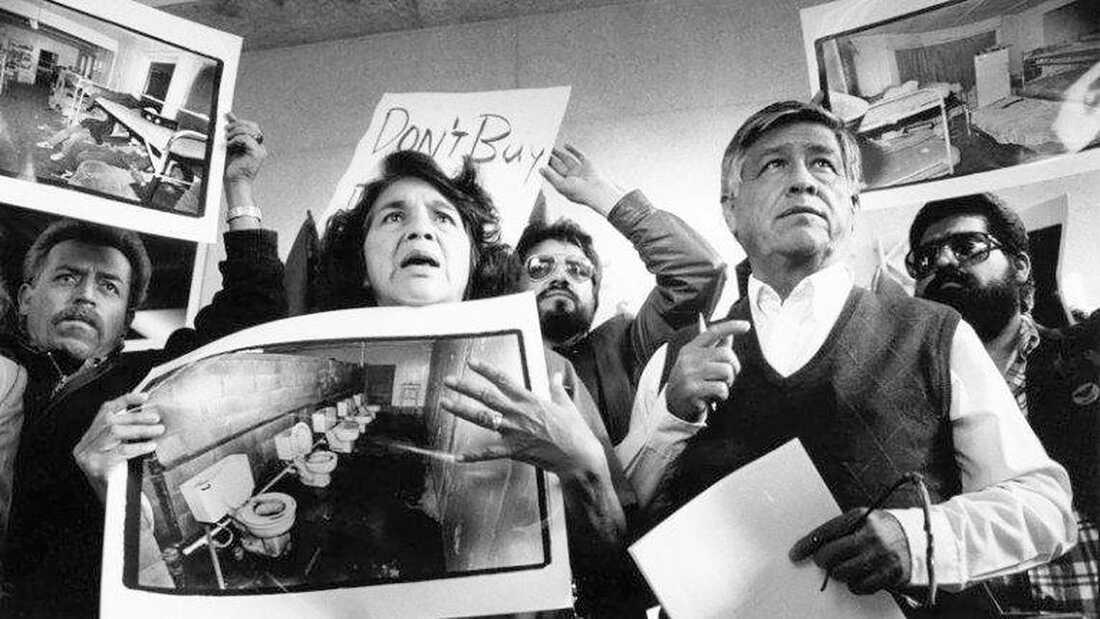 United Farm Workers leaders Dolores Huerta and Cesar Chavez display photos of the conditions that farmworkers endure in San Joaquin Valley farm labor camps at a news conference outside U.S. District Court in Fresno, California, on Nov. 21, 1989. (Richard Darby/Fresno Bee file/Tribune News Service via Getty Images)