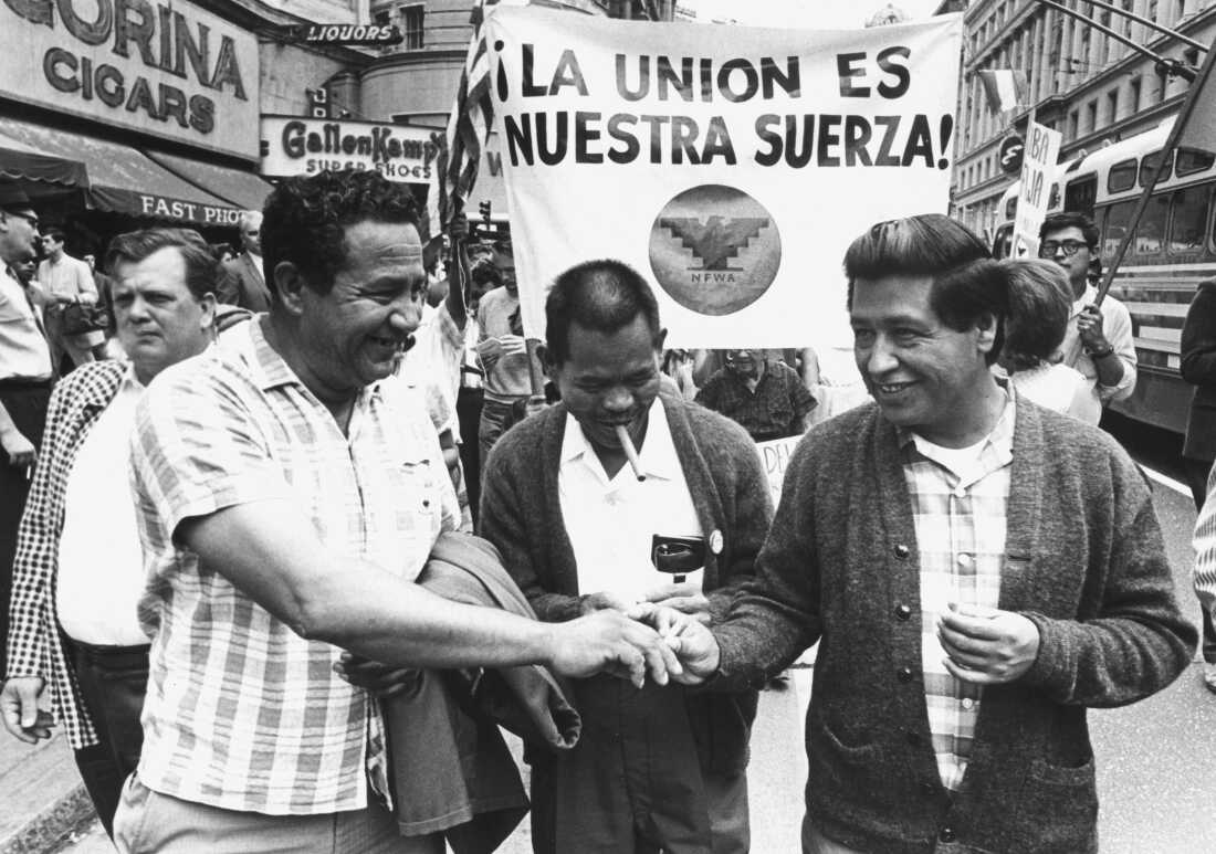 Cesar Chevez's Huelga Day March in San Francisco, 1966: Julio Hernandez (UFW officer), Larry Itliong (UFW director), and Cesar Chavez.