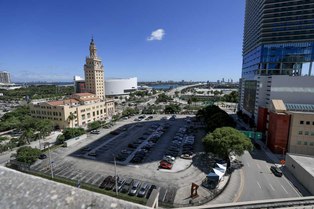 The planned site of Trump's presidential library in Miami, a 2.6-acre parcel previously used as a parking lot, was donated by Miami Dade College last year. It's in view of the Freedom Tower was voted by Florida officials to be donated as the potential site for President Donald Trump's future presidential library on September 30, 2025 in Miami, Florida. Republican Gov. Ron DeSantis and the Florida Cabinet voted to give the 2.63-acre parcel, appraised at more than $66 million, to the foundation planning the president's library. (Photo by Joe Raedle/Getty Images)