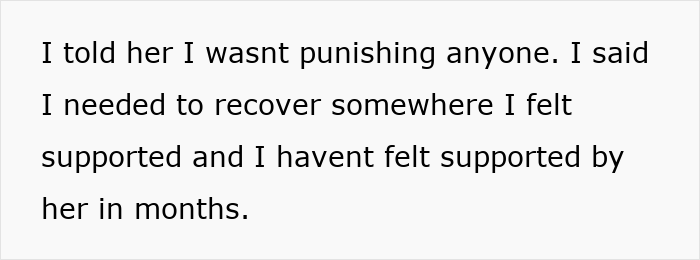 Text on screen showing a message about not punishing and needing support after wife misses hubby’s surgery.