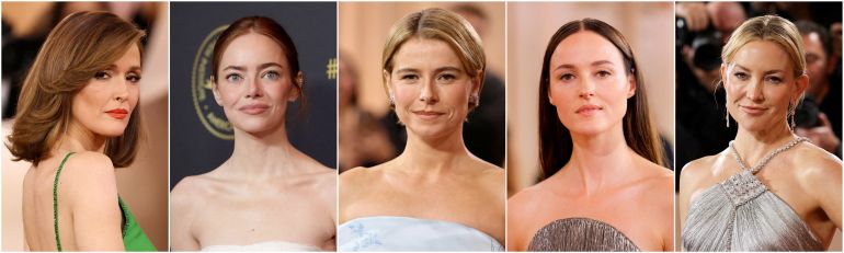 A combination picture of the 98th Oscars nominees for Actress in a Leading Role: Rose Byrne, Emma Stone, Jessie Buckley, Renate Reinsve, Kate Hudson