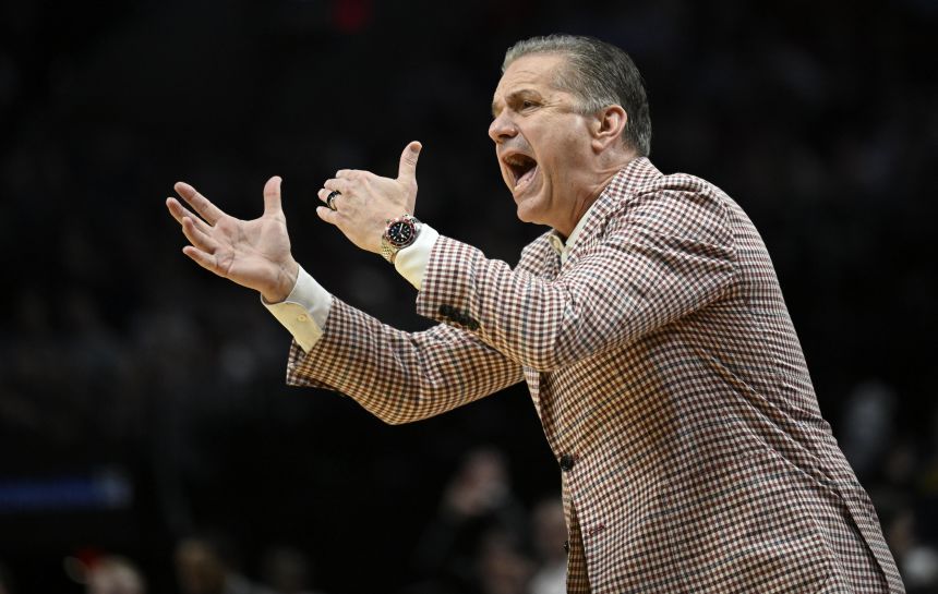 Arkansas Razorbacks head coach John Calipari in the first half against the High Point Panthers during a second-round game of the men's 2026 NCAA tournament.