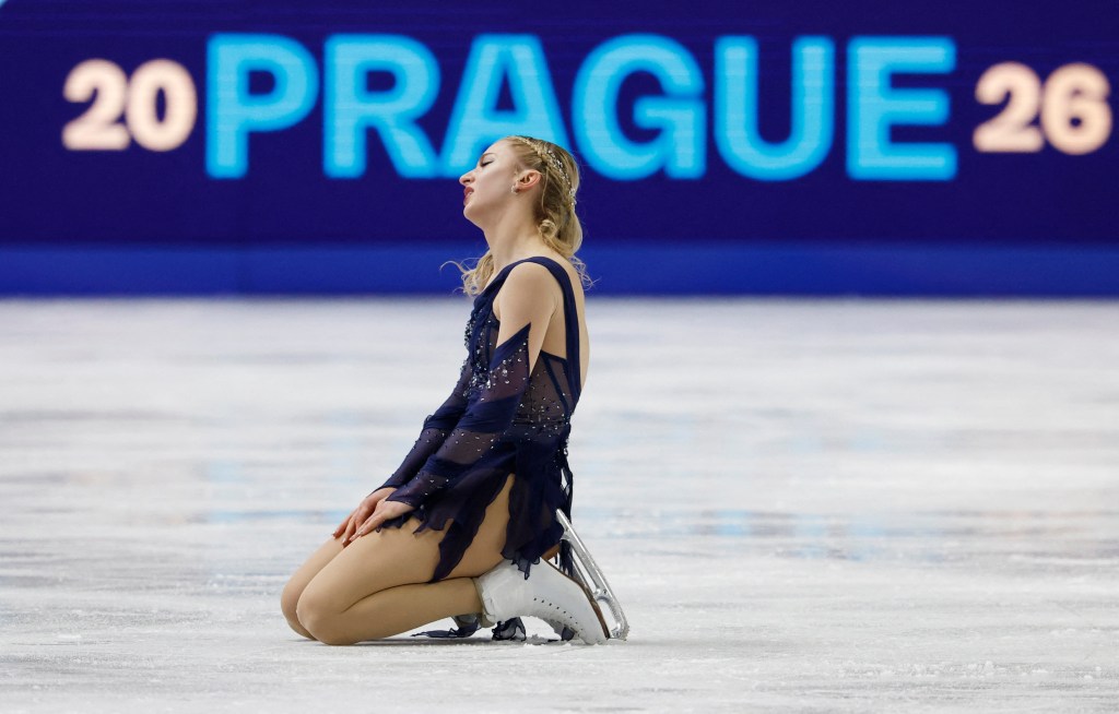 Amber Glenn reacts after her performance at the ISU Figure Skating World Championships.