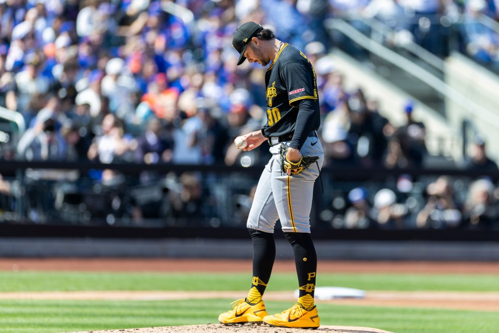 Pittsburgh Pirates pitcher Paul Skenes (30) on the mound during the first inning on Opening Day at Citi Field, Thursday, March 26, 2026, in Queens