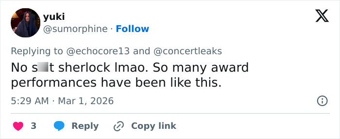 Screenshot of a tweet commenting on chaos at Brit Awards as singer gets pushed off stage mid performance in viral video.