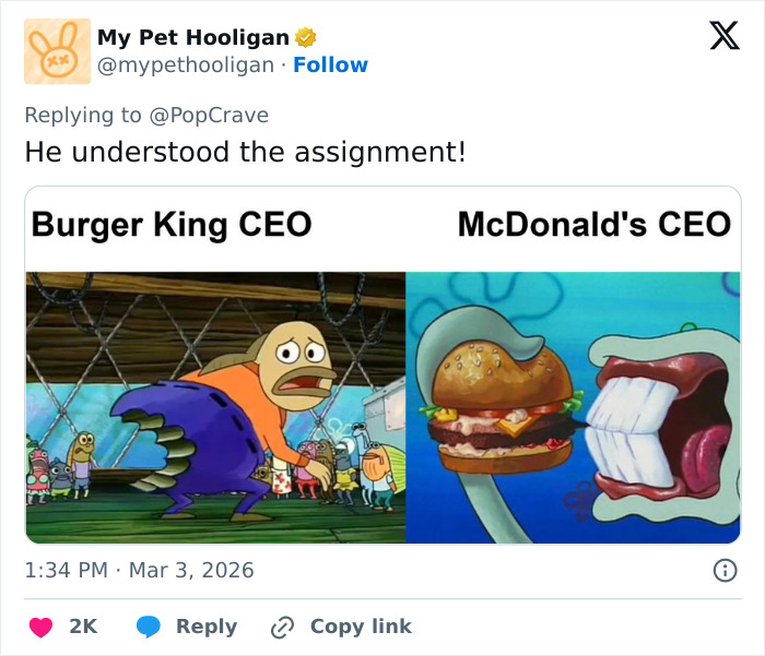 Burger King CEO character biting into a Whopper compared to McDonald's CEO character with a messy burger bite. Burger King CEO character biting into a Whopper compared to McDonald's CEO character with a messy burger bite.