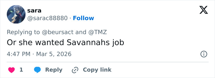 Twitter user replying to TMZ, commenting on behind-the-scenes toxic drama involving Savannah Guthrie’s Today Show return. Twitter user replying to TMZ, commenting on behind-the-scenes toxic drama involving Savannah Guthrie’s Today Show return.