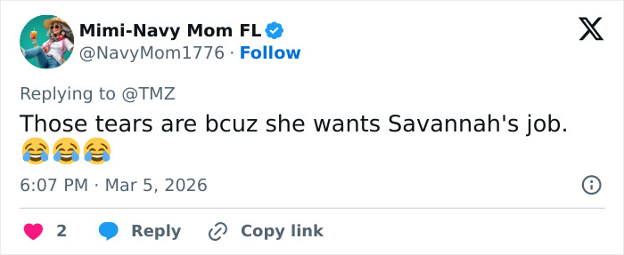 Tweet about toxic drama and Savannah Guthrie's tearful Today Show return with emojis expressing laughter and sarcasm. Tweet about toxic drama and Savannah Guthrie's tearful Today Show return with emojis expressing laughter and sarcasm.