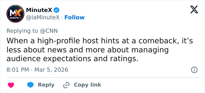 Tweet from MinuteX discussing behind-the-scenes toxic drama related to Savannah Guthrie’s tearful Today Show return. Tweet from MinuteX discussing behind-the-scenes toxic drama related to Savannah Guthrie’s tearful Today Show return.