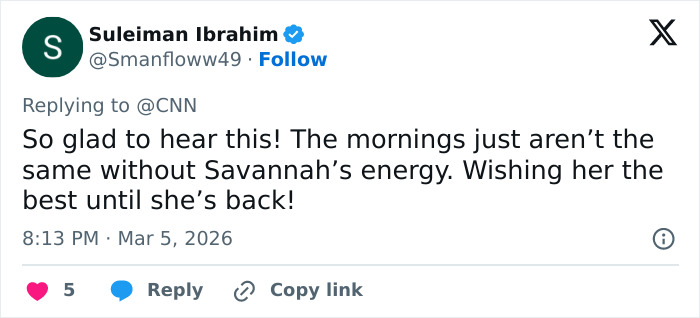 Tweet expressing support for Savannah Guthrie’s return to the Today Show amid behind-the-scenes toxic drama. Tweet expressing support for Savannah Guthrie’s return to the Today Show amid behind-the-scenes toxic drama.