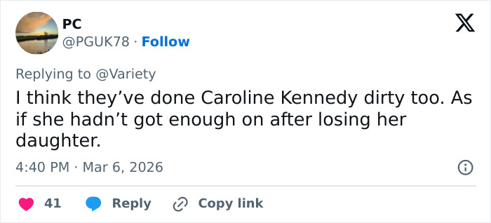 Tweet screenshot showing a user commenting on Caroline Kennedy amid discussions involving Daryl Hannah and JFK Jr. topics.