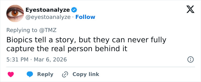 Twitter post by Eyestoanalyze, discussing biopics and the real person behind them, referencing Daryl Hannah and JFK Jr. topic.