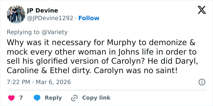 Tweet criticizing portrayal of women in JFK Jr. story, mentioning Daryl Hannah and the controversial love story narrative.