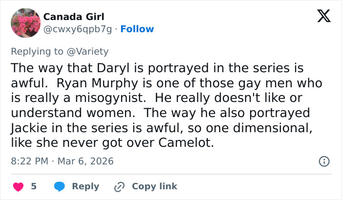 Tweet criticizing portrayal of Daryl Hannah and Jackie in a series, mentioning misogyny and reaction to JFK Jr. story.