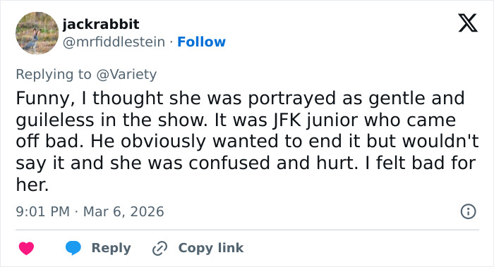 Tweet discussing Daryl Hannah’s perspective on JFK Jr. and the portrayal in a controversial love story.