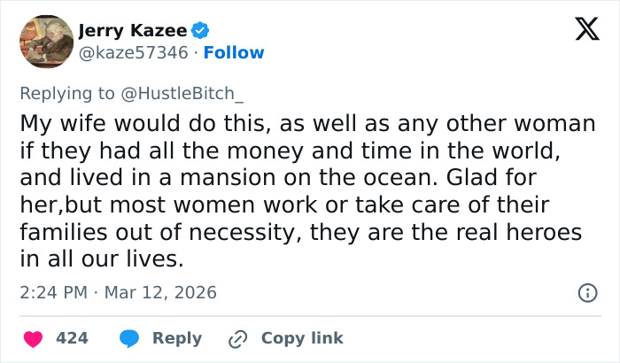 Tweet by Jerry Kazee expressing views on women working and family care, sparking debate on full time job and health routine. Tweet by Jerry Kazee expressing views on women working and family care, sparking debate on full time job and health routine.