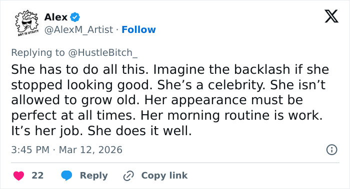 Tweet discussing Cindy Crawford’s full time job maintaining appearance through her morning routine and public expectations. Tweet discussing Cindy Crawford’s full time job maintaining appearance through her morning routine and public expectations.