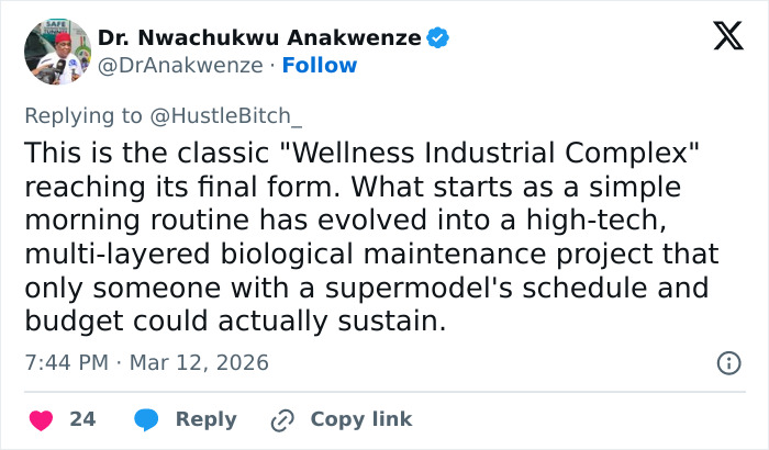 Tweet discussing Cindy Crawford's complex full time job morning routine and its impact on health debates. Tweet discussing Cindy Crawford's complex full time job morning routine and its impact on health debates.