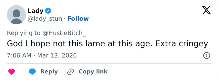 Tweet from user Lady commenting on a full time job, expressing hope to avoid feeling lame at an older age. Tweet from user Lady commenting on a full time job, expressing hope to avoid feeling lame at an older age.