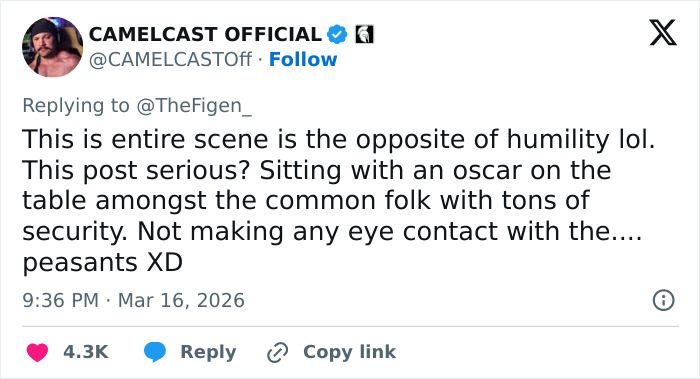 Tweet from CAMELCAST OFFICIAL discussing Michael B. Jordan sitting with an Oscar and security, sparking attention after the Oscars.