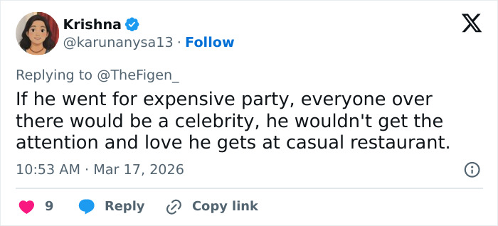 Tweet by user Krishna discussing Michael B. Jordan seeking attention and love at a casual restaurant after the Oscars.
