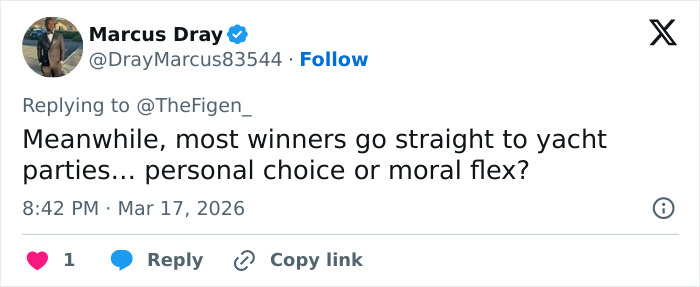 Screenshot of a tweet by Marcus Dray questioning moral flex of winners after the Oscars and attention Michael B. Jordan received.