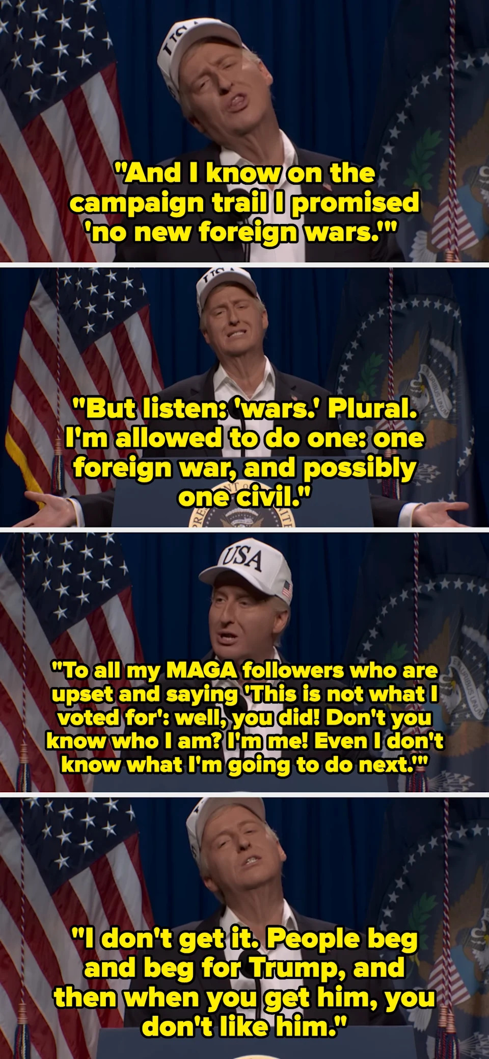 Man in a USA hat humorously discusses campaign promises, foreign wars, and opinions from supporters