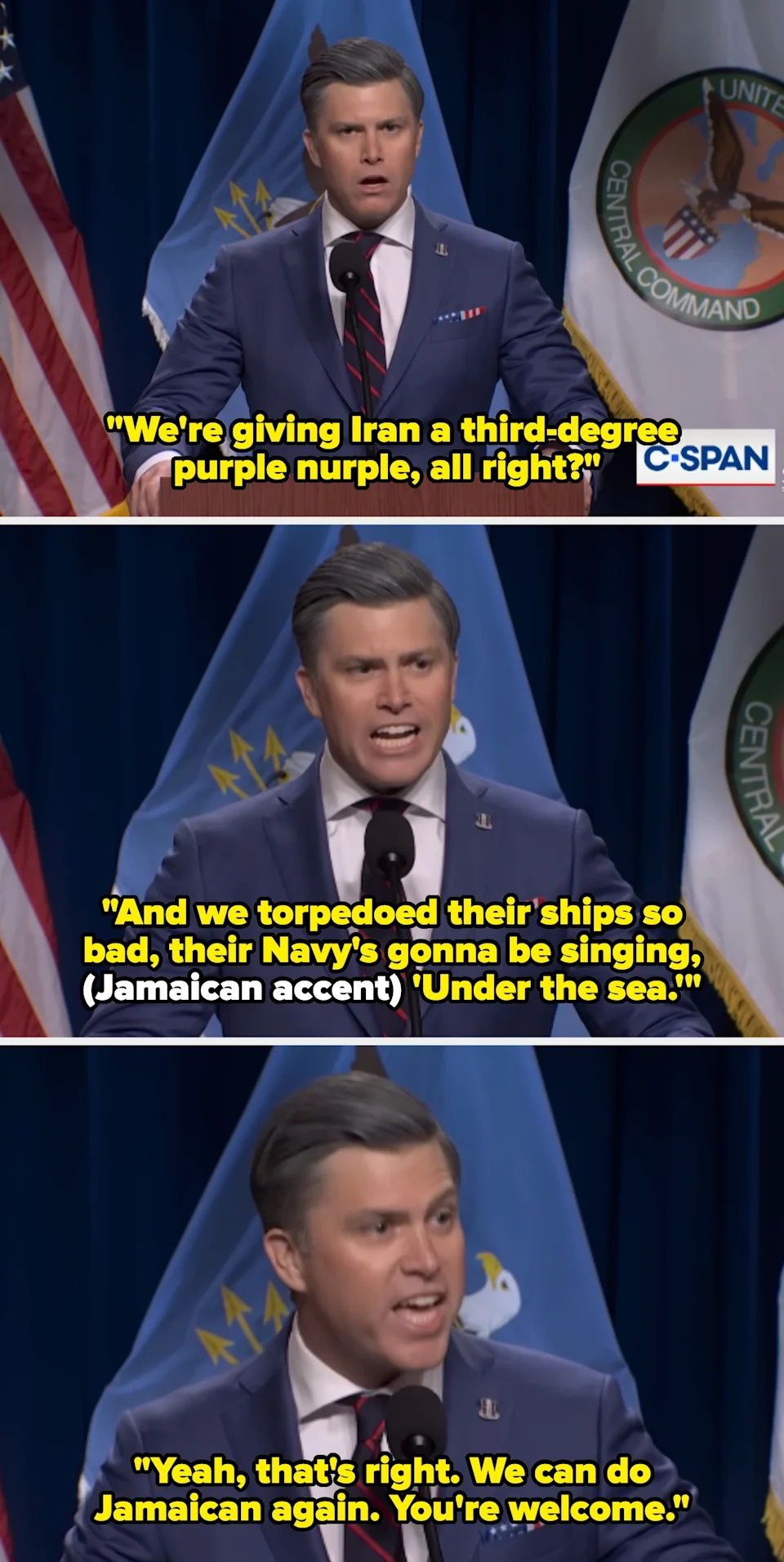 A person in a suit speaks at a podium with U.S. and military flags in the background, appearing on C-SPAN