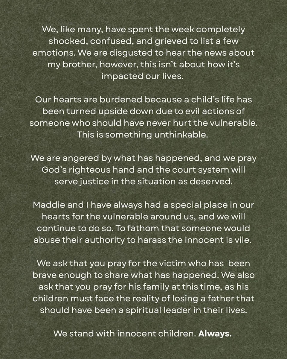 The couple wrote that their “hearts are burdened because a child’s life has been turned upside down due to evil actions of someone who should have never hurt the vulnerable.” Instagram/@jaseduggar