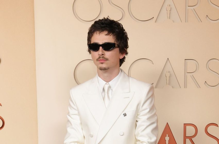  Timothée Chalamet Goes Full Y2K Boy Band in a White Suit and Goatee on the 2026 Oscars Red Carpet
