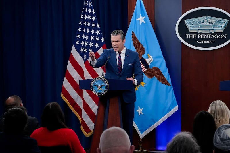 U.S. Secretary of Defense Pete Hegseth holds a briefing amid the U.S.-Israeli conflict with Iran, at the Pentagon in Washington, D.C.