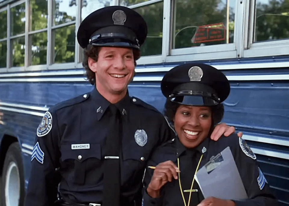 Steve Guttenberg and Marion Ramsey in ‘Police Academy 3: Back in Training’. -