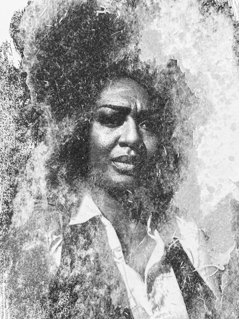 A black and white photo collage shows a photo of a Black woman wearing a long-sleeved white shirt and black vest. In a double exposure effect, a photo is overlaid on the photo of the woman that has a mottled texture.
