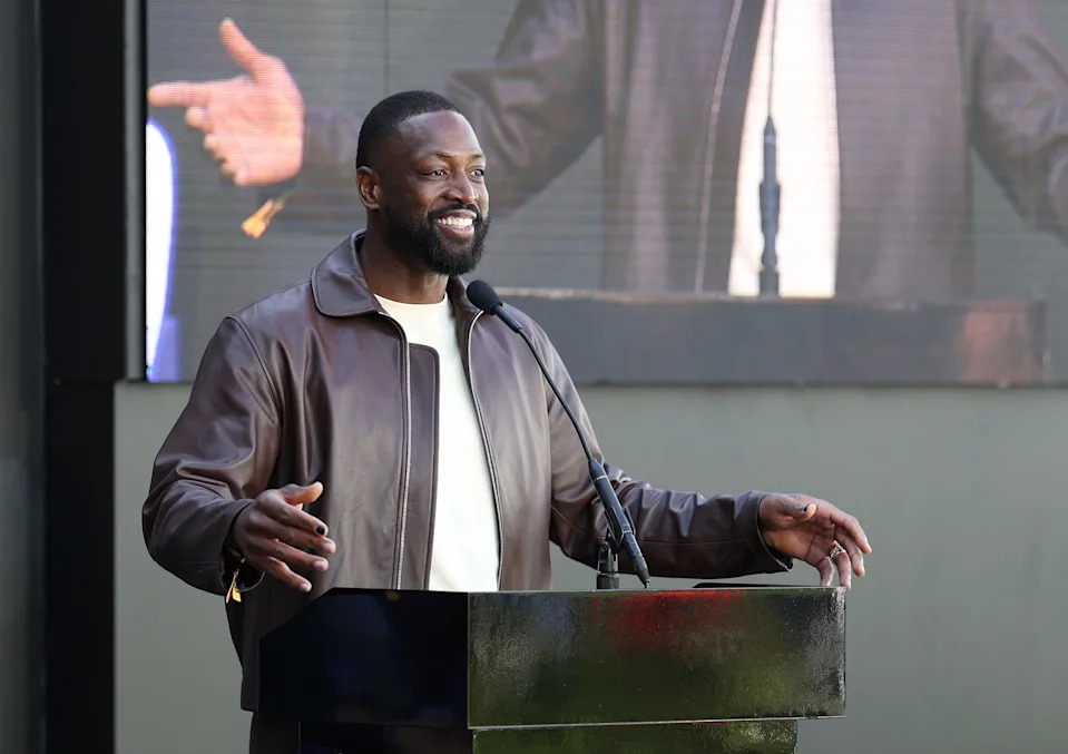 Dwyane Wade speaks during the unveiling of Los Angeles Lakers former head coach Pat Riley statue at Crypto.com Arena on Feb. 22, 2026 in Los Angeles.