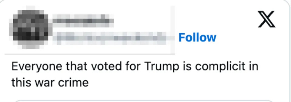 Tweet by user @Moniconweekends: "Everyone that voted for Trump is complicit in this war crime."