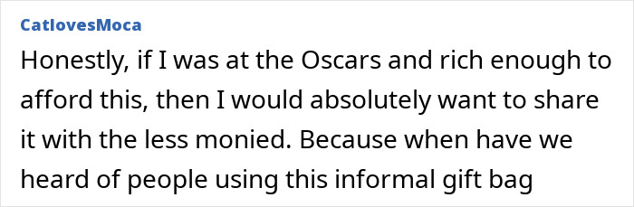 Screenshot of a social media comment discussing the jaw-dropping $346K Oscars gift bag for nominees.
