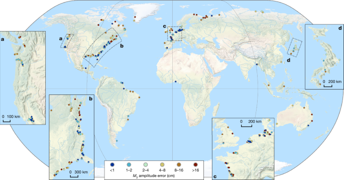 Fig. 3: The amplitude error of the M2 tide mapped with respect to in situ observations from TICON-4, with several zoom-ins to different regions.