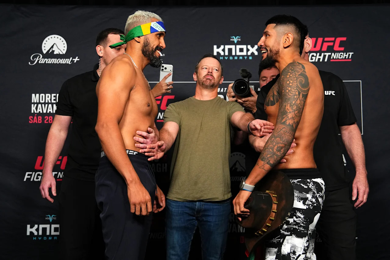 MEXICO CITY, MEXICO - FEBRUARY 27: (L-R) Ryan Gandra of Brazil and Jose Daniel Medina of Bolivia face off during the UFC Fight Night official weigh-in at InterContinental Mexico City on February 27, 2026 in Mexico City, Mexico. (Photo by Jeff Bottari/Zuffa LLC)
