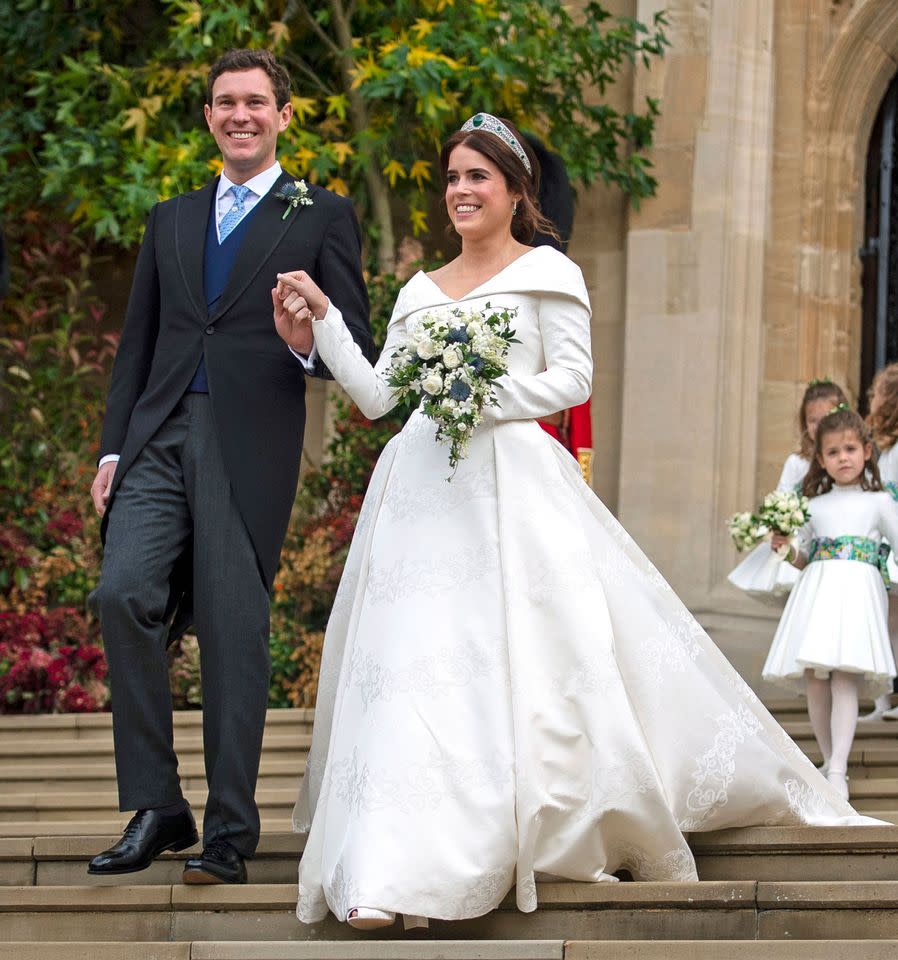 Princess Eugenie of York and Jack Brooksbank leave St George's Chapel in Windsor Castle following their wedding at St. George's Chapel on October 12, 2018 in Windsor, England.Credit: Victoria Jones - WPA Pool/Getty