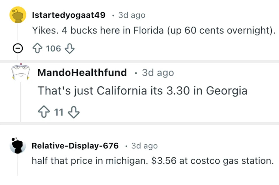 Social media comments discuss rising gas prices, with various users noting price differences in Florida, Georgia, and Michigan