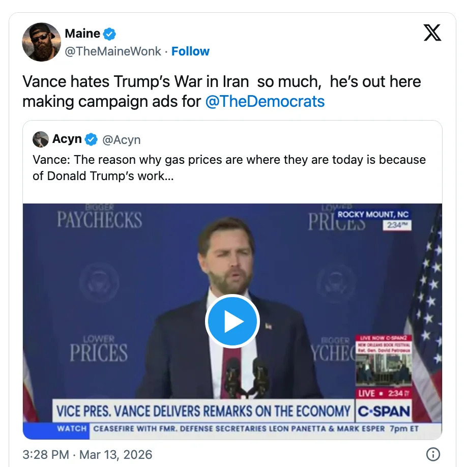 Tweet summarizing criticism of Vance for opposing Trump's actions in Iran while linking gas prices to Trump's policies, with a video clip of his remarks