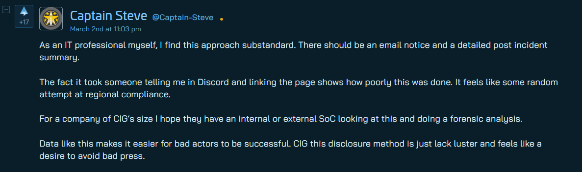 Star Citizen data breach forum discussion