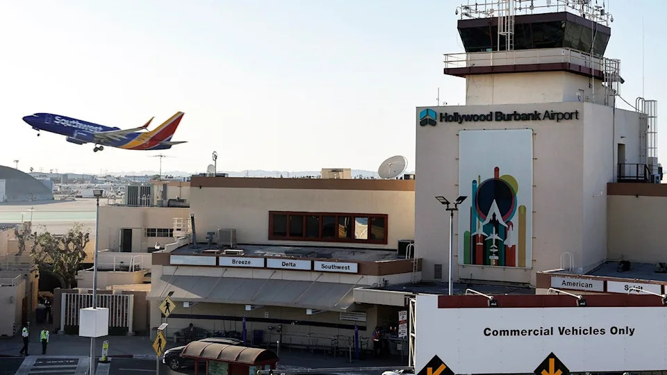 A Southwest Airlines plane taking off from Hollywood Burbank Airport in California.