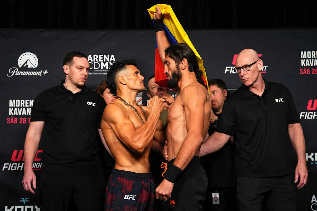 MEXICO CITY, MEXICO - FEBRUARY 27: (L-R) Douglas Silva de Andrade of Brazil and Javier Reyes of Colombia face off during the UFC Fight Night official weigh-in at InterContinental Mexico City on February 27, 2026 in Mexico City, Mexico. (Photo by Jeff Bottari/Zuffa LLC)